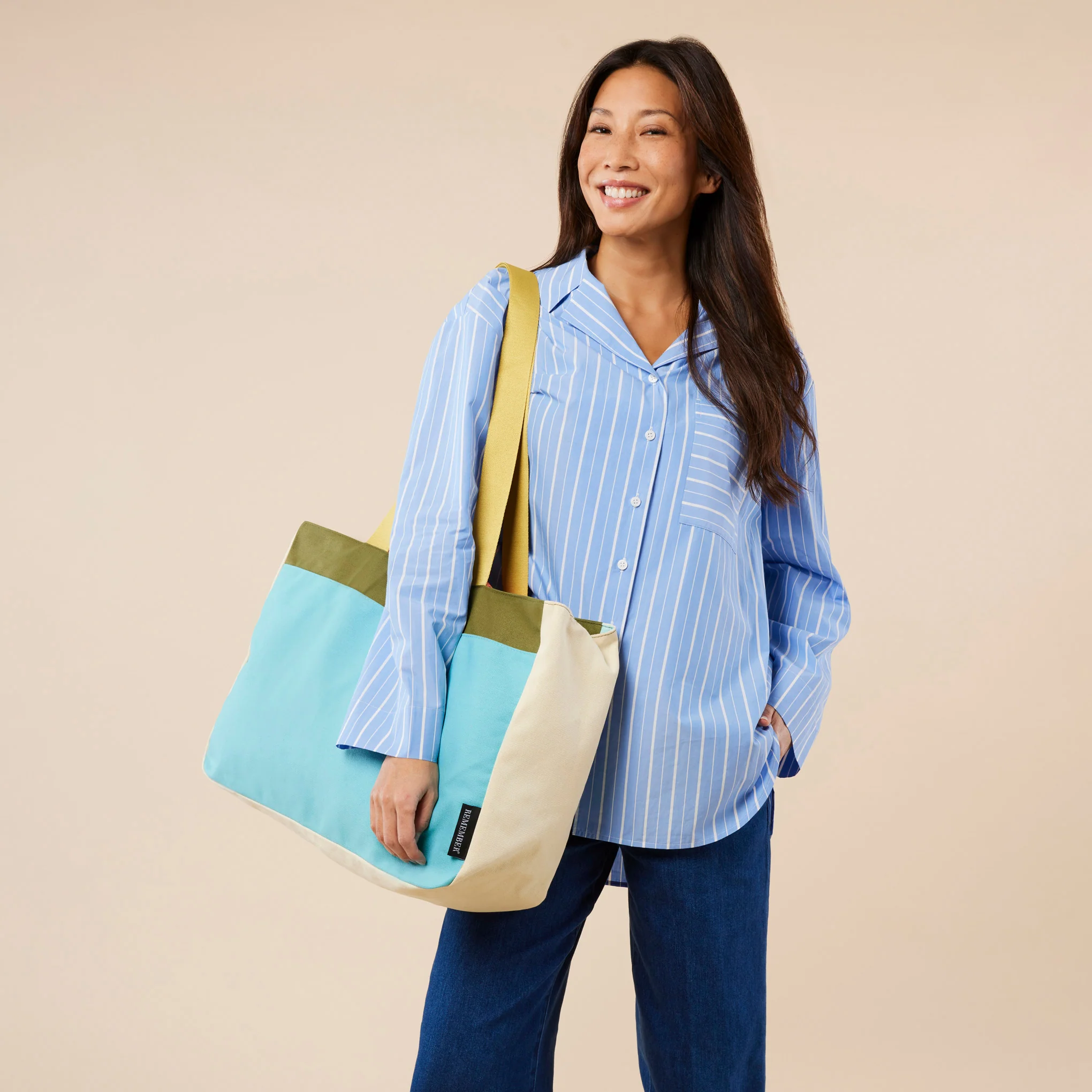 Colorful Oversized Cotton Canvas Tote Bag - Blue - Image 7