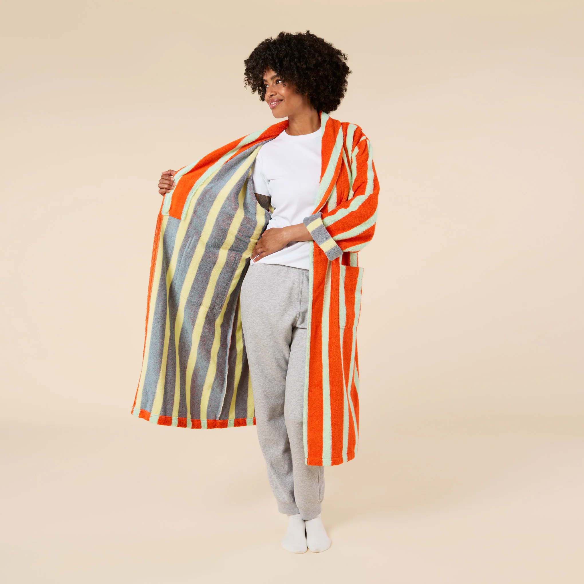 Dusen Dusen Striped Bathrobe - Orange/ Slate Gray - Image 4