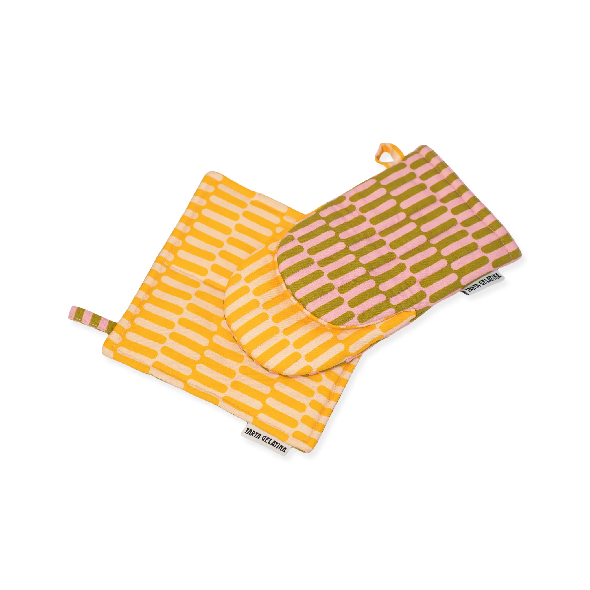 Reversible Pattern Oven Mitt & Potholder - Set of 2 - Pink/ Yellow
